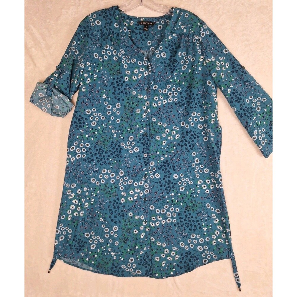 41 Hawthorn Womens M Teal Blue Floral Button Shirt Dress Pleated Tie Roll Tab